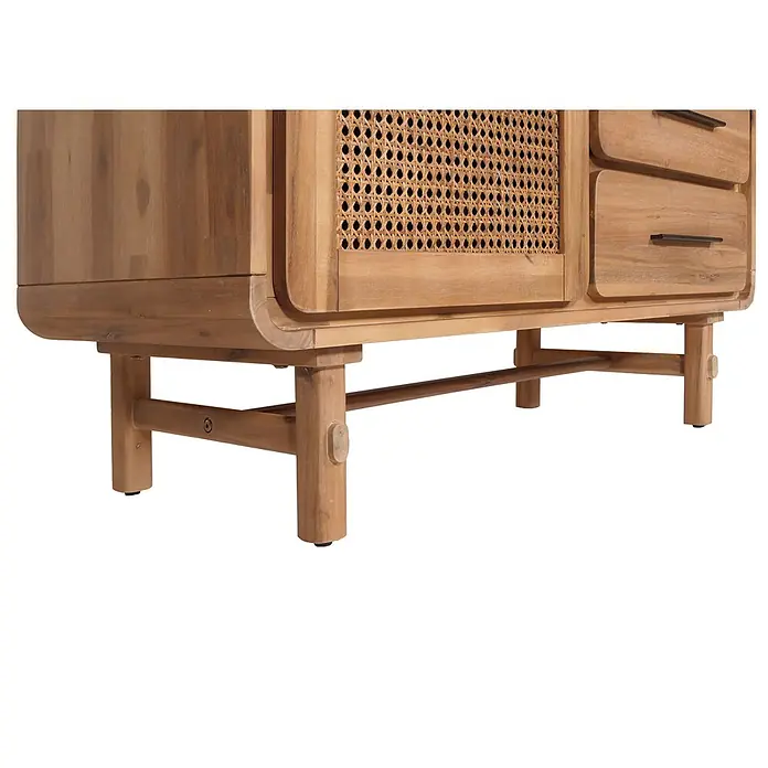 Mendler Kommode HWC-M47 Rattan Akazie 101x109x45cm -  - Teakholz-Sideboard mit Rattan-Tür und dunklen Zuggriffen.