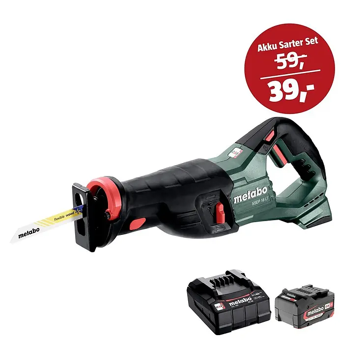 Metabo CAS 18V Maschinen-Set - Akku-Säbelsäge SSEP 18 LT + 39€ Akku-Basis-Set - Metabo grüne und schwarze Akku-Säbelsäge mit flexiblem Holzsägeblatt und zwei schwarzen Metabo-Akkus.