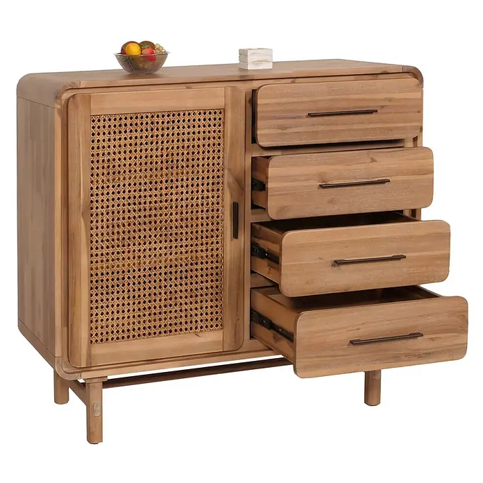 Mendler Kommode HWC-M47 Rattan Akazie 101x109x45cm -  - Sideboard aus Naturholz und Rattan mit einer Tür und vier teilweise geöffneten Schubladen.