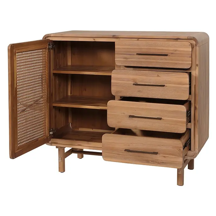 Mendler Kommode HWC-M47 Rattan Akazie 101x109x45cm -  - Naturholzschrank mit Rattantür, drei Regalböden und vier Schubladen mit dunklen Griffen. Zwei Schubladen sind offen.