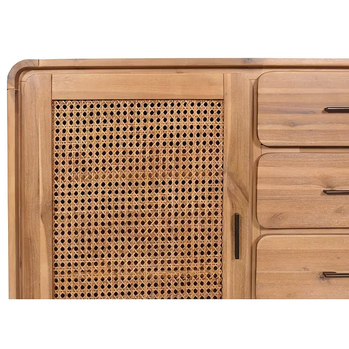 Mendler Kommode HWC-M47 Rattan Akazie 101x109x45cm -  - Sideboard aus Naturholz mit Rattantür und drei abgerundeten Schubladen.