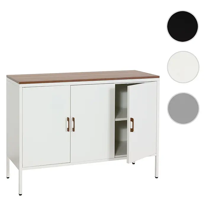 Mendler Kommode HWC-L84 3 Türen Metall 90x120x40cm - weiß -  - Weißer Metallschrank mit brauner Holzplatte und braunen Griffen, eine Tür offen mit zwei internen Regalböden.