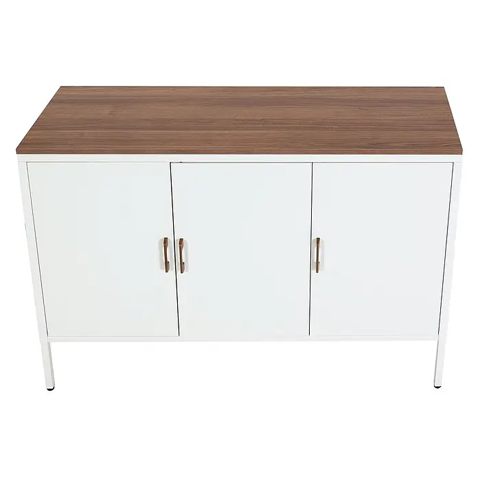Mendler Kommode HWC-L84 3 Türen Metall 90x120x40cm - weiß -  - Weißer Schrank mit drei Türen und braunen Griffen, mit brauner Holzplatte.