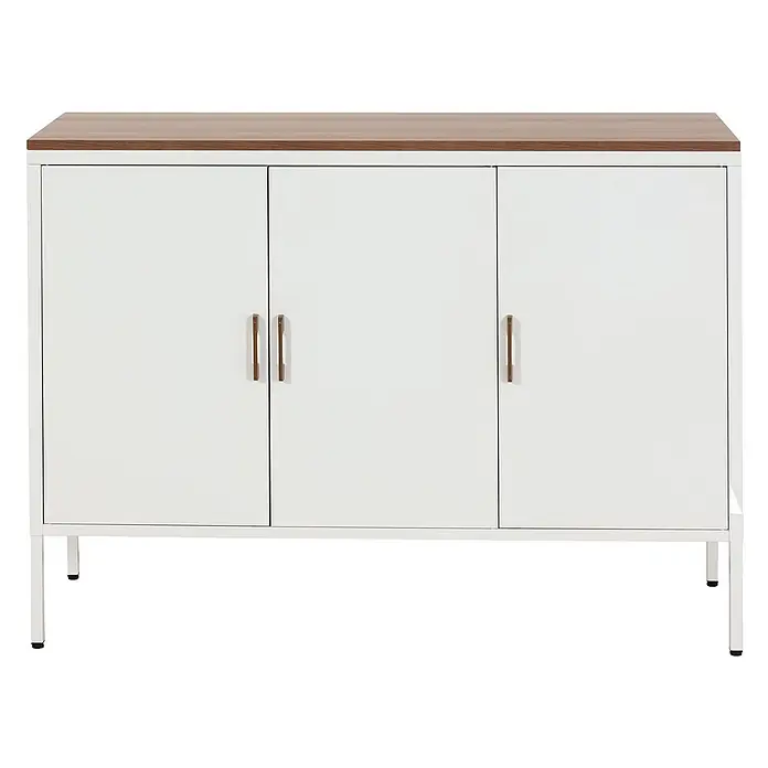 Mendler Kommode HWC-L84 3 Türen Metall 90x120x40cm - weiß -  - Weißer Schrank mit drei Türen, Holzplatte und schlanken Metallgriffen auf Beinen stehend.
