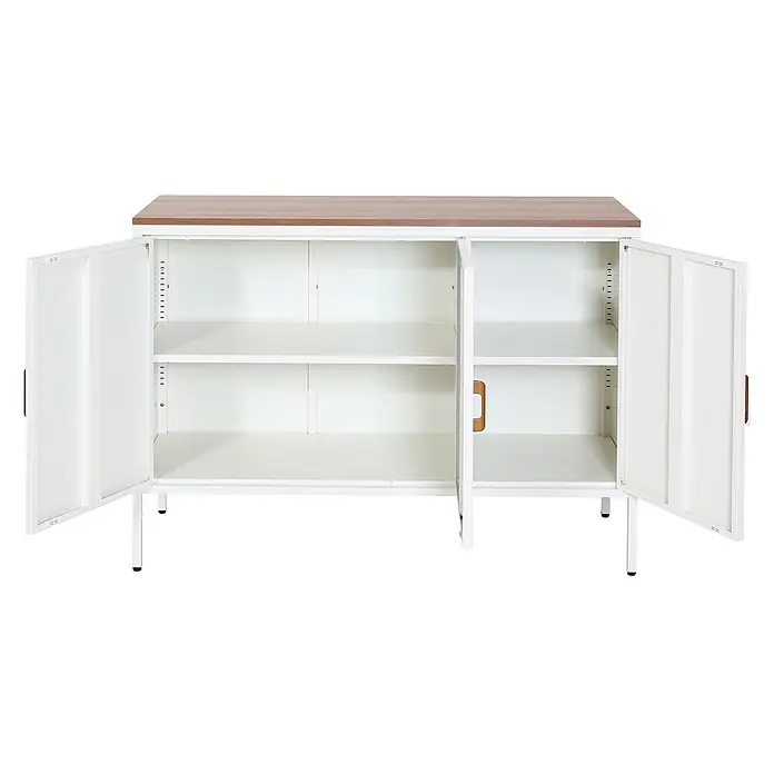 Mendler Kommode HWC-L84 3 Türen Metall 90x120x40cm - weiß -  - Weißer Metallschrank mit Holzplatte und geöffneten Türen, der zwei verstellbare Einlegeböden zeigt.