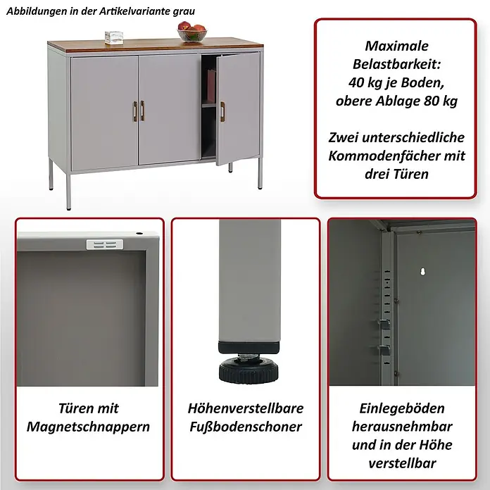Mendler Kommode HWC-L84 - L x B x H: 120 x 40 x 90 cm, Grau - Graues Metall Sideboard mit Holzplatte, drei Türen, Magnetverschluss, verstellbaren Füßen und höhenverstellbaren Einlegeböden.