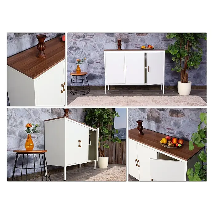 Mendler Kommode HWC-L84 3 Türen Metall 90x120x40cm - weiß -  - Weißes Sideboard mit Naturholzplatte und braunen Griffen, mit Stauraum hinter mehreren Türen, in einer Wohnumgebung.