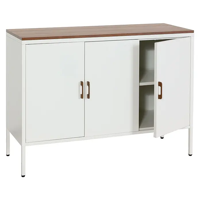 Mendler Kommode HWC-L84 3 Türen Metall 90x120x40cm - weiß -  - Weißer Metallschrank mit brauner Holzplatte und Griffen, eine Tür offenbart Innenregale.