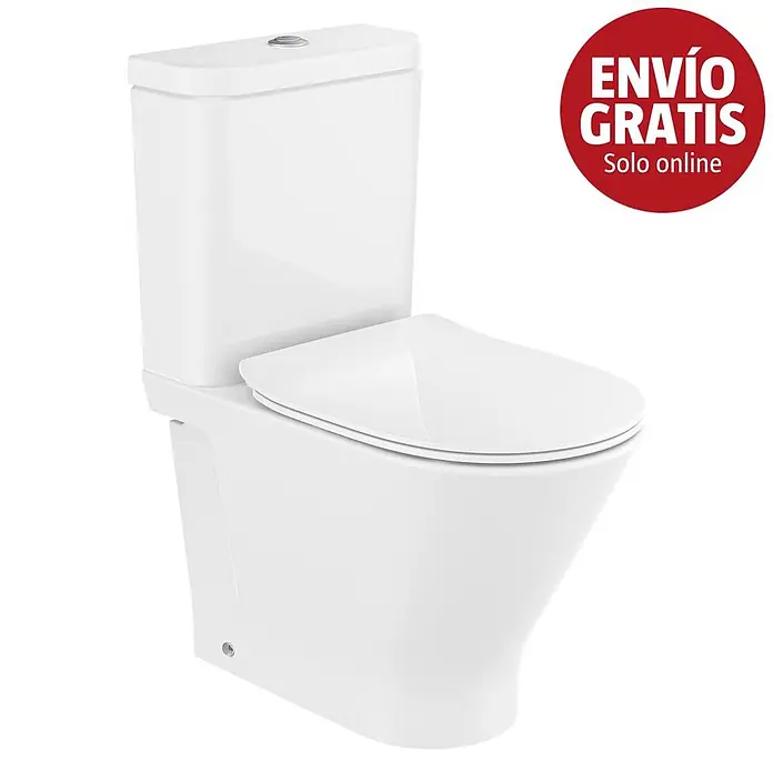 Roca Pack de WC adosado Heracles - Sin borde de descarga, Salida dual, Blanco - Inodoro cerámico blanco de tanque bajo con asiento de cierre suave.