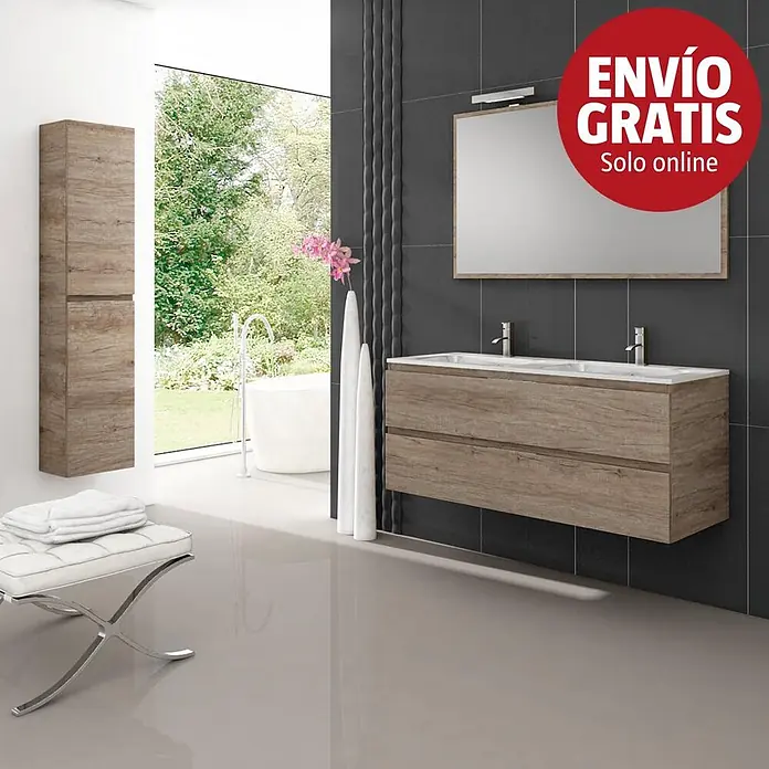 Camargue Mueble bajo de lavabo 2 senos Módena - L x An x Al: 45 x 120 x 50 cm, Nebraska gris - Baño moderno con mueble de lavabo doble y columna a juego en madera clara. El mueble de lavabo tiene dos senos integrados.