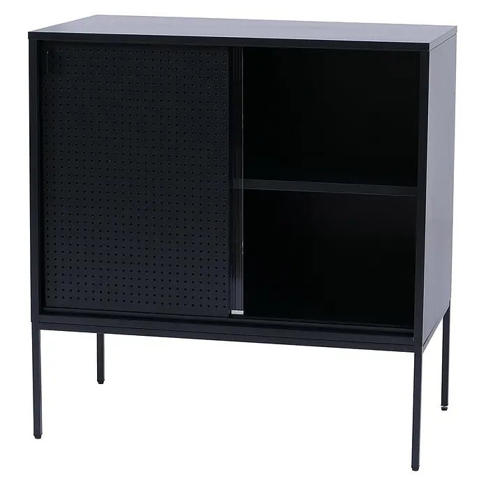 Mendler Kommode HWC-O90 85x80x45cm Metall - schwarz -  - Schwarzer Metallschrank mit perforierter Schiebetür und offenen Fächern auf schlanken Beinen.