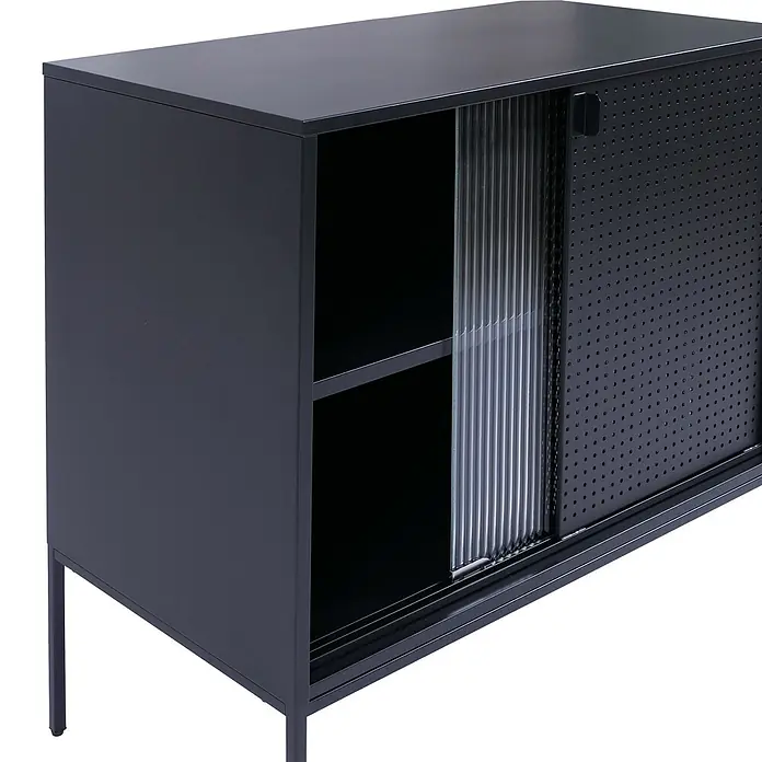 Mendler Kommode HWC-O90 85x80x45cm Metall - schwarz -  - Dunkelgrauer Metallschrank mit perforierten Metall- und geriffelten Glasschiebetüren, mit Innenregalen und dünnen Beinen.