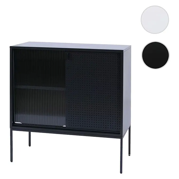 Mendler Kommode HWC-O90 85x80x45cm Metall - schwarz -  - Schwarzer Metallschrank mit zwei Schiebetüren: eine gerippt, eine perforiert. Auf vier dünnen Beinen, geeignet für moderne Aufbewahrung.