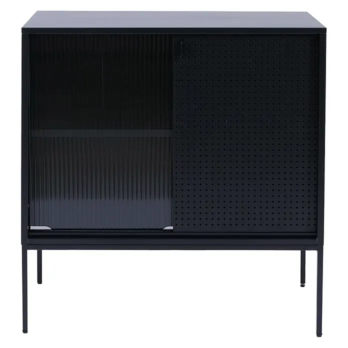 Mendler Kommode HWC-O90 85x80x45cm Metall - schwarz -  - Schwarzer Schrank mit geriffelter Glastür und gelochter Metallschiebetür auf schlanken Beinen für vielseitige Aufbewahrung.