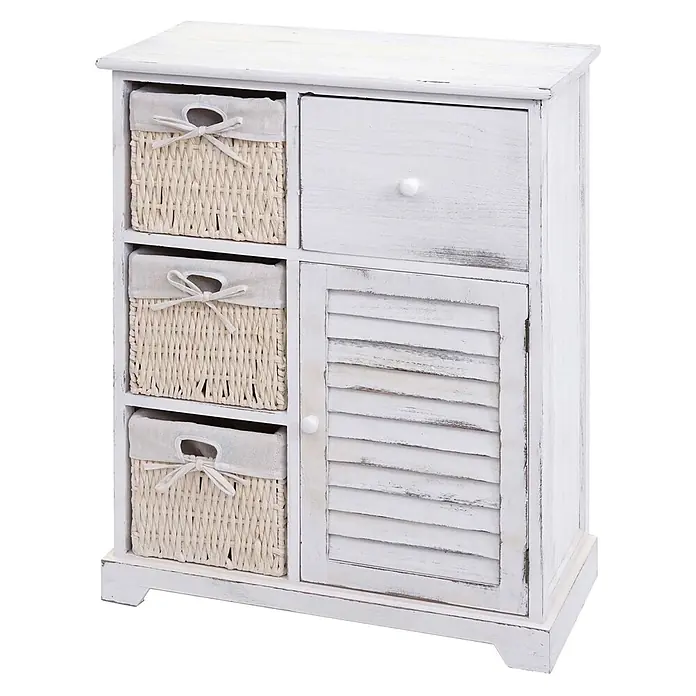 Mendler Kommode HWC-H21 Massiv-Holz 80x60x30cm - Shabby weiß -  - Weißer Shabby-Chic-Holzschrank mit Schublade, Lamellentür und drei geflochtenen Körben mit Stoffeinsätzen.