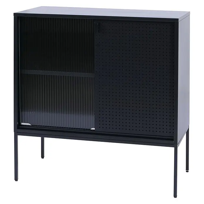 Mendler Kommode HWC-O90 85x80x45cm Metall - schwarz -  - Schwarzer Metallschrank mit geriffelten und perforierten Schiebetüren auf Beinen.