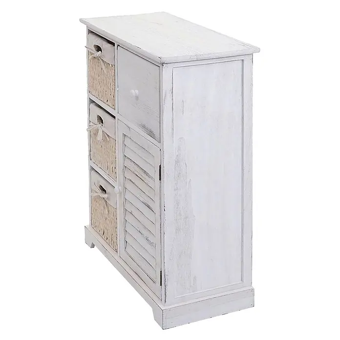 Mendler Kommode HWC-H21 Massiv-Holz 80x60x30cm - Shabby weiß -  - Weißer Vintage-Holzschrank mit Schublade, drei Korbschubladen und Lamellentür.