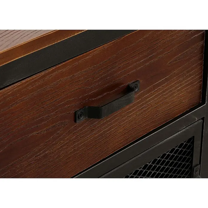 Mendler Kommode HWC-N28 - L x B x H: 100 x 40 x 90 cm, Braun, Anzahl Schubladen: 2 Stk. - Nahaufnahme einer dunklen Holzschublade mit schwarzem Metallgriff, Teil eines Möbelstücks mit schwarzem Metallrahmen.