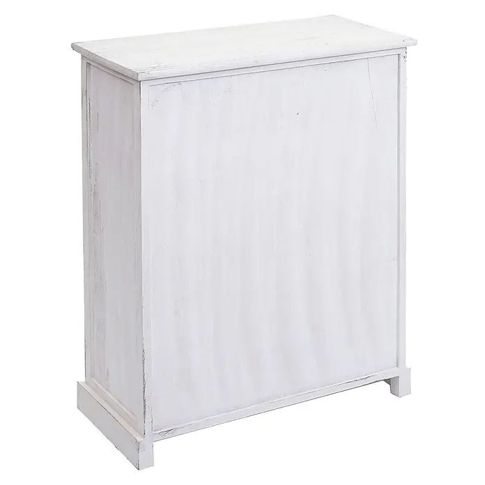 Mendler Kommode HWC-H21 Massiv-Holz 80x60x30cm - Shabby weiß -  - Weißer Schrank aus Altholz, Rückansicht, mit rustikaler Oberfläche und schlichtem Sockel.