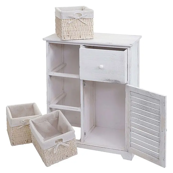 Mendler Kommode HWC-H21 Massiv-Holz 80x60x30cm - Shabby weiß -  - Schrank aus distressed weißem Holz mit Schublade, offenen Fächern und Lamellentür, dazu drei Weidenkörbe.