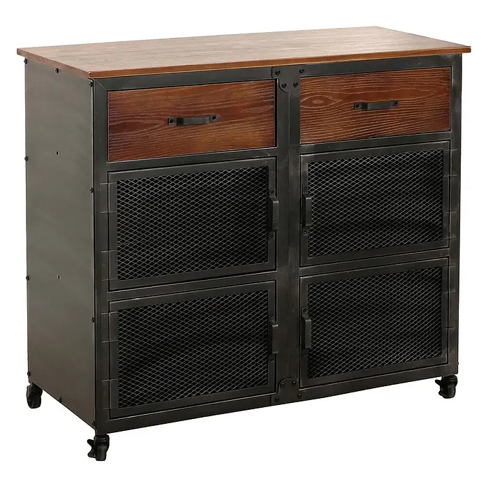 Mendler Kommode HWC-N28 - L x B x H: 100 x 40 x 90 cm, Braun, Anzahl Schubladen: 2 Stk. - Industrieller Schrank mit Holzplatte, zwei Schubladen und vier Gittertüren, auf Rollen.