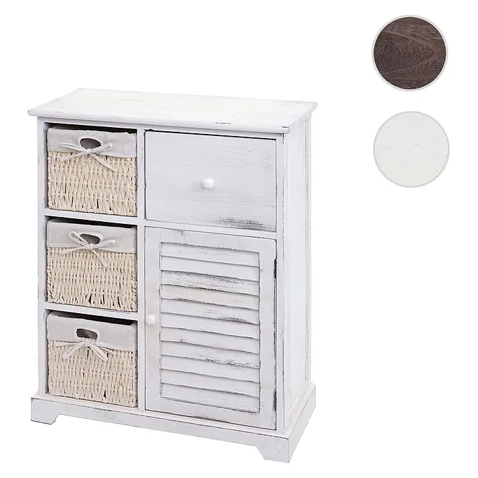 Mendler Kommode HWC-H21 Massiv-Holz 80x60x30cm - Shabby weiß -  - Antiker weißer Holzschrank mit drei geflochtenen Körben, einer Schublade und einer Lamellentür.