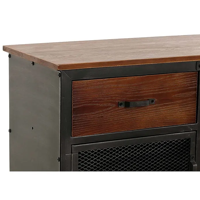 Mendler Kommode HWC-N28 - L x B x H: 100 x 40 x 90 cm, Braun, Anzahl Schubladen: 2 Stk. - Industrieller Schrank mit brauner Holzplatte und Schublade, dunklem Metallrahmen und unterer Gittertür.