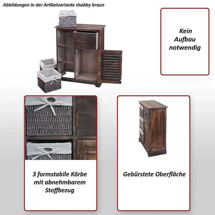 Mendler Kommode HWC-H21 Massiv-Holz 80x60x30cm - Shabby weiß -  - Shabby-brauner Holzschrank mit Schublade, Lamellentür und drei Körben mit abnehmbarem Stoffbezug.