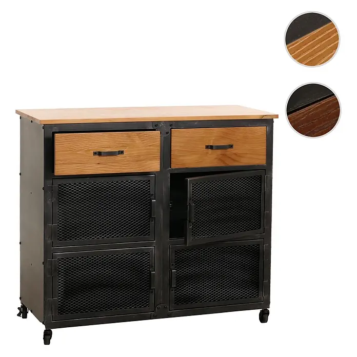 Mendler Kommode HWC-N28 - L x B x H: 100 x 40 x 90 cm, Braun, Anzahl Schubladen: 2 Stk. - Schrank im Industriestil mit heller Holzplatte, Schubladen, dunklem Metallrahmen und vier Gittertüren, auf Rollen.