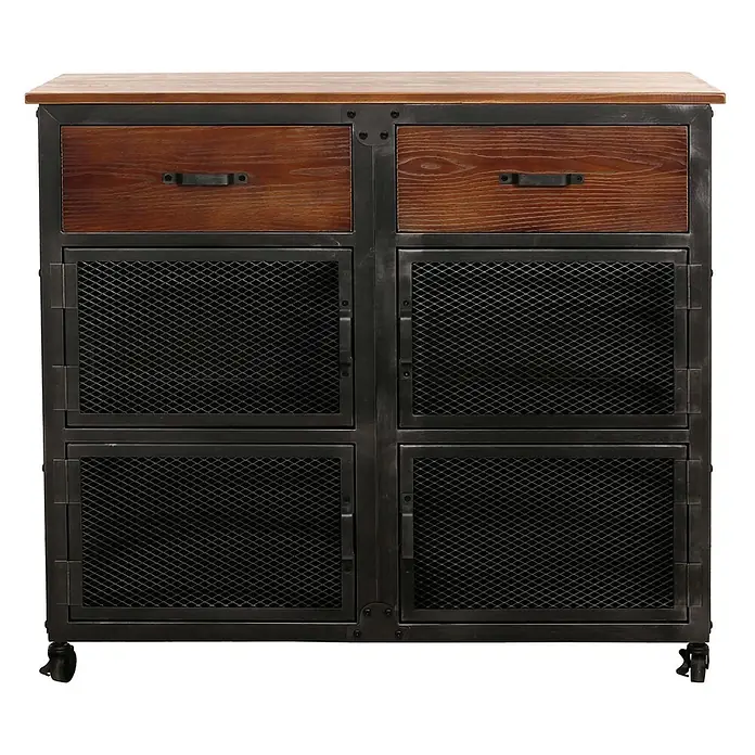 Mendler Kommode HWC-N28 - L x B x H: 100 x 40 x 90 cm, Braun, Anzahl Schubladen: 2 Stk. - Industrieller Metall-Holz-Schrank mit zwei Schubladen und vier Gittertüren, auf Rollen.