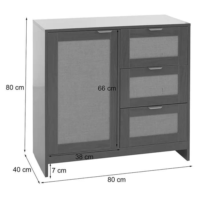 Mendler Kommode HWC-P50 - L x B x H: 80 x 40 x 80 cm, Weiß - Dunkelgrauer Holzschrank mit einer Tür und drei Schubladen, mit gewebten Paneeleinsätzen und modernen Griffen.