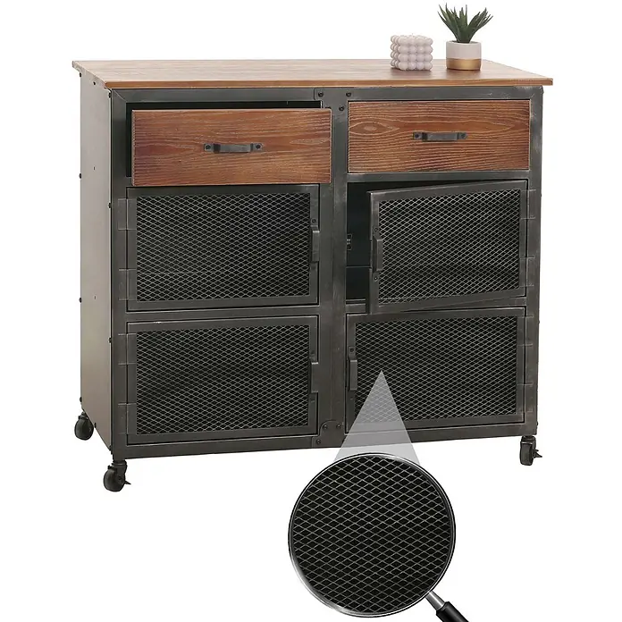 Mendler Kommode HWC-N28 - L x B x H: 100 x 40 x 90 cm, Braun, Anzahl Schubladen: 2 Stk. - Industrieller Aufbewahrungsschrank mit Holzplatte, dunklem Metallrahmen, Gittertüren und Holzschubladen auf Rollen.