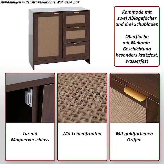 Mendler Kommode HWC-P50 - L x B x H: 80 x 40 x 80 cm, Weiß - Kommode in Walnuss-Optik mit Leinenfronten, goldenen Griffen, Tür mit Magnetverschluss für zwei Fächer und drei Schubladen. Kratzfeste, wasserfeste Oberfläche.