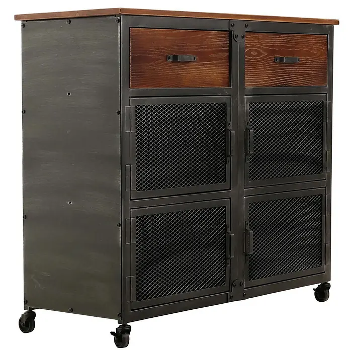Mendler Kommode HWC-N28 - L x B x H: 100 x 40 x 90 cm, Braun, Anzahl Schubladen: 2 Stk. - Industrieller Schrank aus Metall und Holz auf Rollen mit zwei Schubladen und vier Gittertüren.