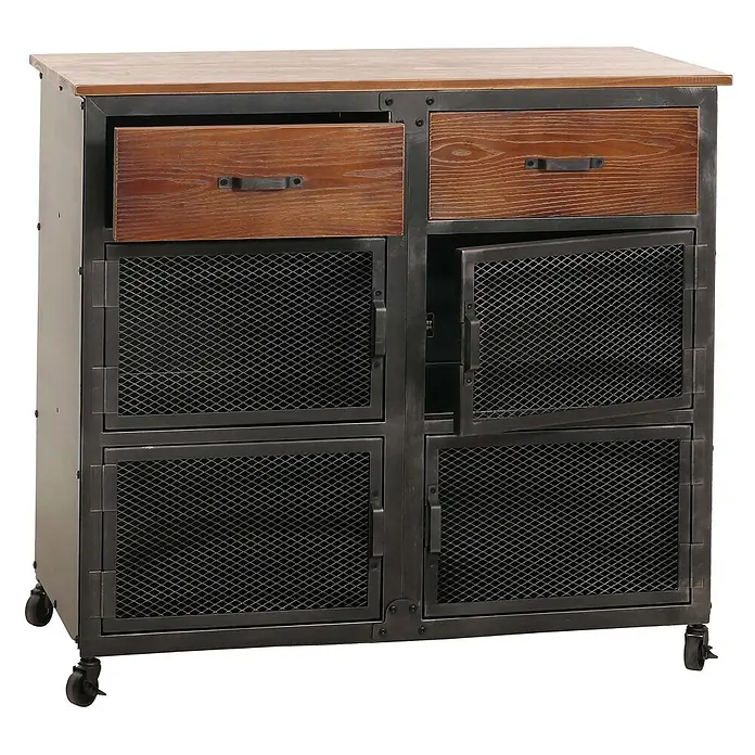 Mendler Kommode HWC-N28 - L x B x H: 100 x 40 x 90 cm, Braun, Anzahl Schubladen: 2 Stk. - Industrieller Holz-Metall-Schrank mit zwei Schubladen und vier Gittertüren, eine offen, auf Rollen.