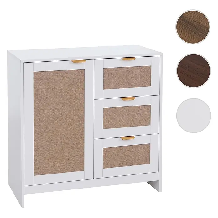 Mendler Kommode HWC-P50 - L x B x H: 80 x 40 x 80 cm, Weiß - Weiße Kommode mit einer Tür und drei Schubladen, mit hellbraunen Geflechtfronten und goldenen Griffen.