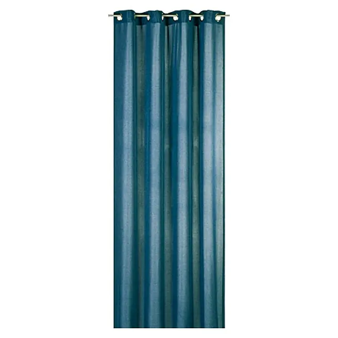 Elbersdrucke Ösenschal Lino - Petrol, 140 x 255 cm, 100 % Polyester - Dieses Bild zeigt einen einzelnen, blauen Gardinenschal mit Ösenaufhängung, der vor einem neutralen, weißen Hintergrund präsentiert wird.