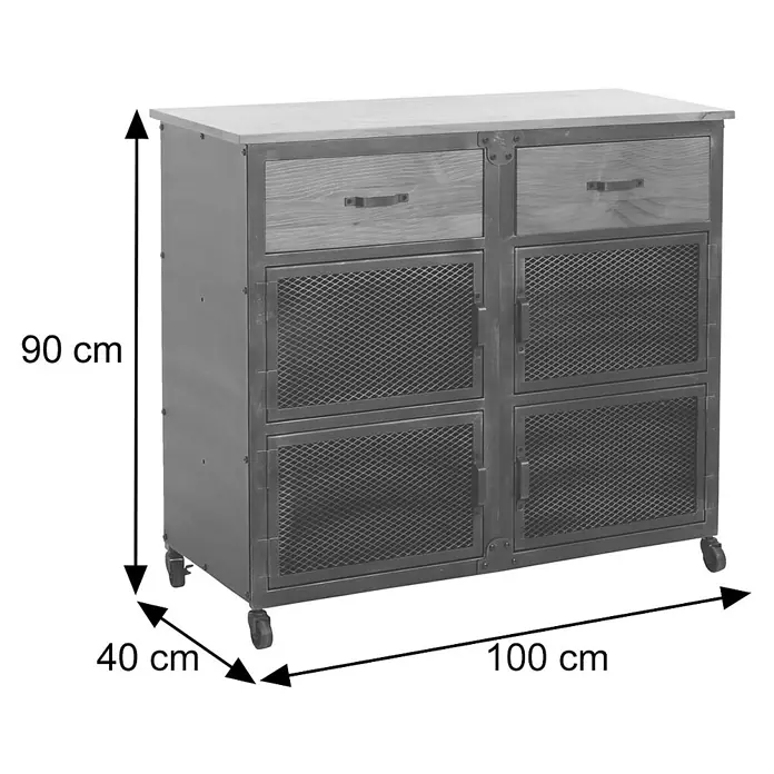 Mendler Kommode HWC-N28 - L x B x H: 100 x 40 x 90 cm, Braun, Anzahl Schubladen: 2 Stk. - Industrieller Schrank aus grauem Metall und hellem Holz, mit 2 Schubladen und 4 Gitterschranktüren, auf Rollen. Maße: 90x100x40 cm.