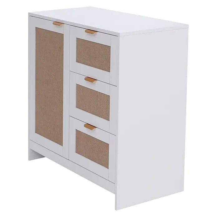 Mendler Kommode HWC-P50 - L x B x H: 80 x 40 x 80 cm, Weiß - Weißer Schrank mit einer Tür und drei Schubladen, hellbraunen Geflechteinsätzen und Grifflaschen.