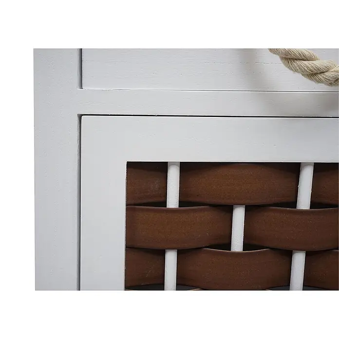 Mendler Kommode HWC-K83 Holz - weiß, Polyrattan braun -  - Weißes Holzschrankdetail mit braunem Flechtpaneel, weißen Vertikalstäben und beigem Seil.