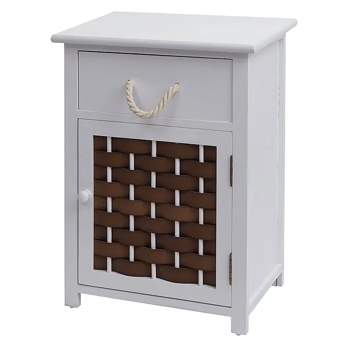 Mendler Kommode HWC-K83 Holz - weiß, Polyrattan braun -  - Weißer Nachttisch mit Schublade, Seilgriff und einer Schranktür mit braun-weißem Geflechteinsatz.