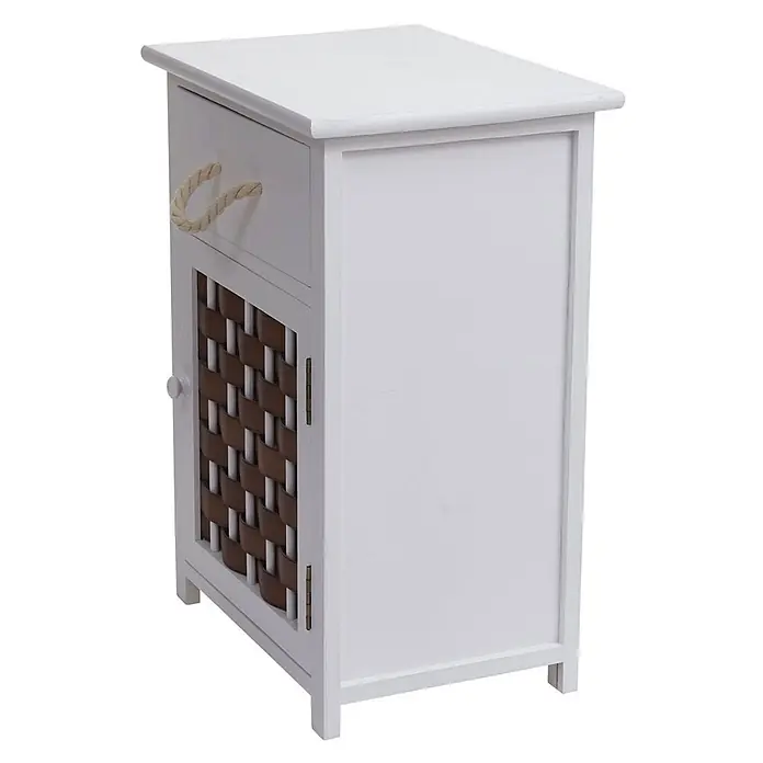 Mendler Kommode HWC-K83 Holz - weiß, Polyrattan braun -  - Weißer Nachttisch mit Schublade mit Seilgriff und gewebter brauner Schranktür.