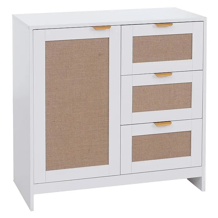 Mendler Kommode HWC-P50 - L x B x H: 80 x 40 x 80 cm, Weiß - Weißer Kommode mit einer gewebten Rattan-Optik Tür und drei Schubladen, mit goldenen Griffen.