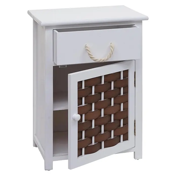 Mendler Kommode HWC-K83 Holz - weiß, Polyrattan braun -  - Weißer Nachttisch mit einer Schublade mit Seilgriff und offener Schranktür mit braunem Korbmuster und Innenablage.