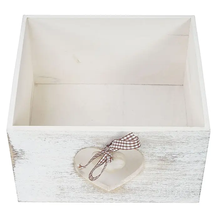 Mendler Kommode Forli  5 Schubladen mit Herzen - weiß -  - Weiße, shabby-chic Holzkiste mit Herzornament und brauner karierter Schleife auf der Vorderseite, innen leer.