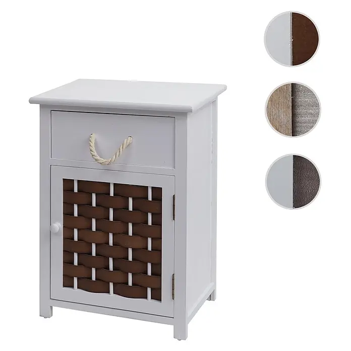 Mendler Kommode HWC-K83 Holz - weiß, Polyrattan braun -  - Weißer Nachttisch mit einer Schublade mit Seilgriff und einem Schrank mit braun geflochtener Tür.