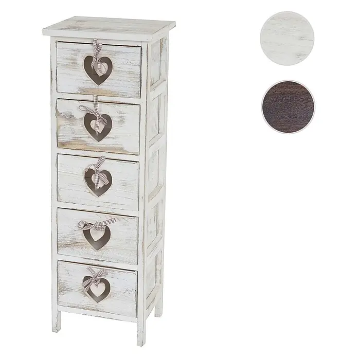 Mendler Kommode Forli  5 Schubladen mit Herzen - weiß -  - Shabby Chic weißer Holzschrank mit 5 Schubladen, Herz-Ausschnitten und Stoffschleifen. Muster für weiße und dunkle Holzoberflächen.