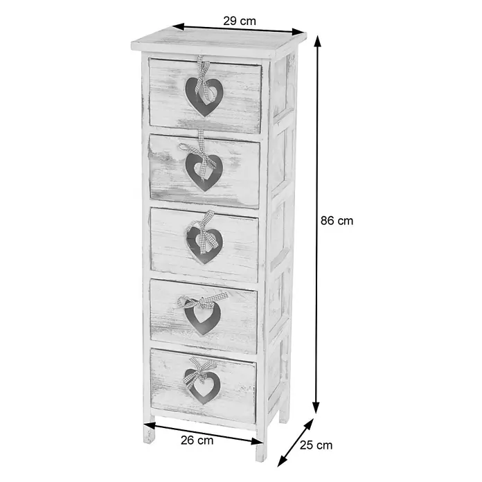 Mendler Kommode Forli  5 Schubladen mit Herzen - weiß -  - Weißes, Shabby Chic Holz-Schränkchen mit 5 Schubladen, Herz-Ausschnitten und karierten Bändern.