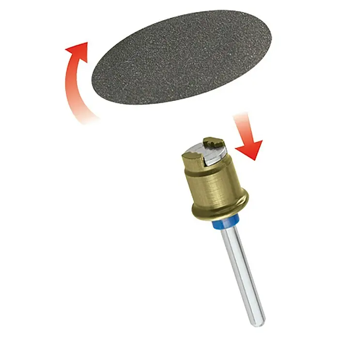 Dremel EZ SpeedClic Schleifscheibe Mod. SC 411 - 30 mm, Körnung: 60, 6 Stk. - Die Illustration zeigt einen Dremel Spindel Dorn 402 und eine Schleifscheibe 411, die in Richtung des Dorns weist.