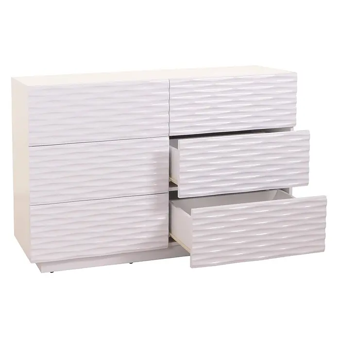 Mendler Kommode HWC-M52 81x120x42cm Hochglanz weiß -  - Weiße Kommode mit sechs gewellten Schubladen, zwei davon teils geöffnet, die die Aufbewahrungsfunktion zeigen.